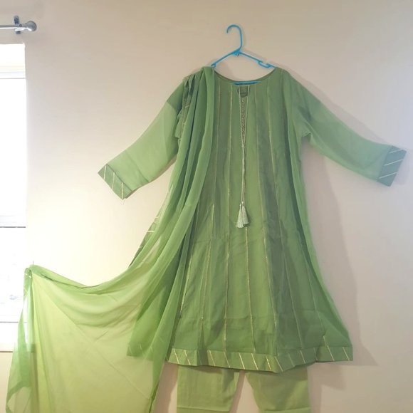 Pistachio Green Chiffon Dress with Panels and Gota Work - Picture 1 of 6